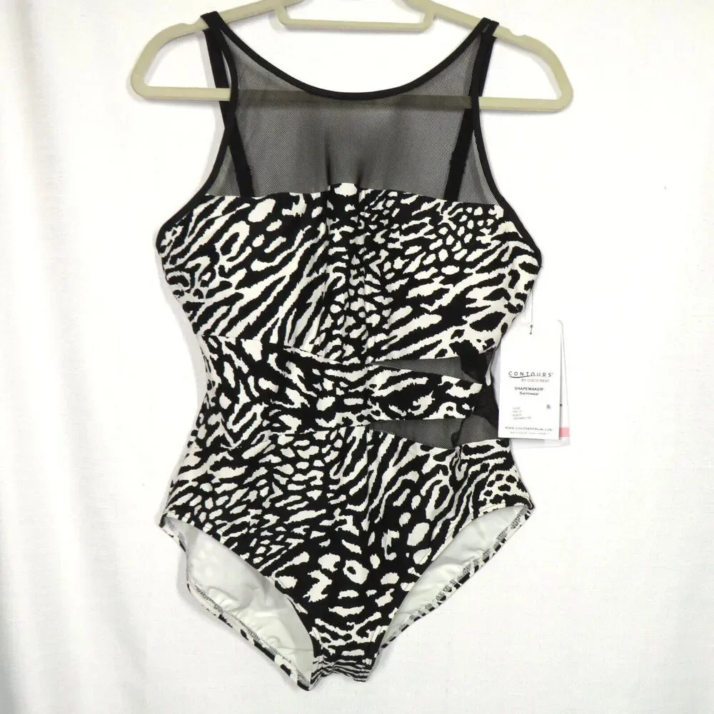 Contours By Coco Reef Animal Print Mesh Trimmed One Piece Swimsuit Size 16 - Picture 3 of 9